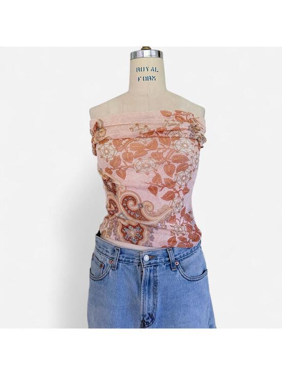American Vintage Tops - Vintage Y2K Pink Paisley Floral Mesh Off The Shoulder Top in Blush
